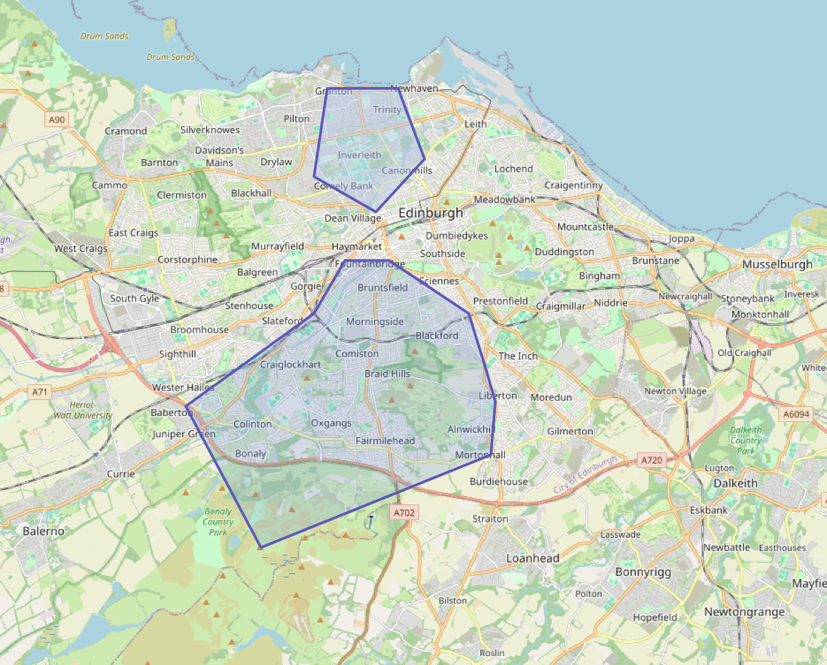 Rough outlines of the total sum of reputed Fairlie lands in Edinburgh over the years. These boundaries fluctated over several hundred years.